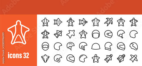 Wingsuit flying and extreme sports line icons