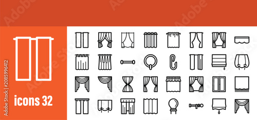 Canvas Print Home interior window treatments line icons set