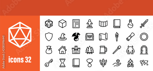 Cuadro en lienzo Fantasy Role-Playing Game Elements Line Icons Set