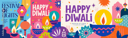 Happy Diwali. The Indian Festival of Lights. Vector abstract illustrations of diya lamps, lanterns, bold typography, geometric shapes, flower, and festive abstract design for a holiday vector greeting
