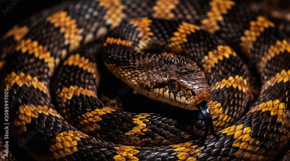 Fototapeta premium Close up macro view of coiled rattlesnake showing intricate scale patterns and yellow markings. Reptiles tongue flicks out sensing environment. Wild venomous snake.