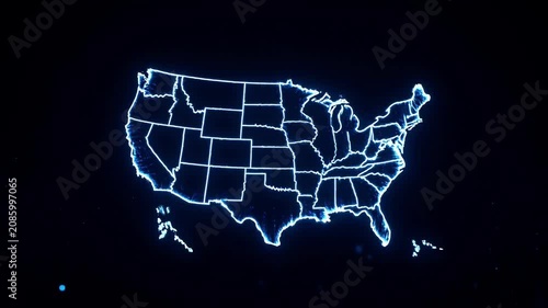 Glowing outline of the United States map illuminates against a dark background, representing connection and digital networks.
