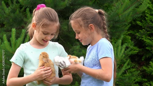 Two happy girls hold and pet little baby rabbits outdoors in garden. Children care pets. Kids play with animals. Agriculture, farming