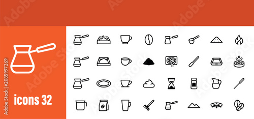 Bild auf Leinwand Coffee Preparation and Drink Icons Set, Outline Style Vector Illustration of Beverages and Utensils
