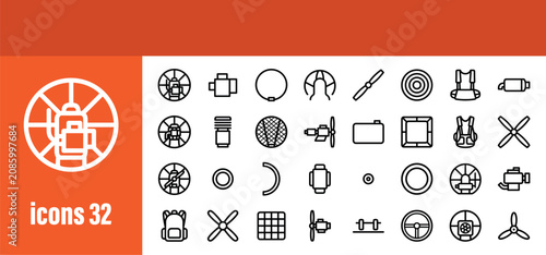 Paramotor flight and equipment line icons set. Collection of outline symbols for paragliding and extreme sports.