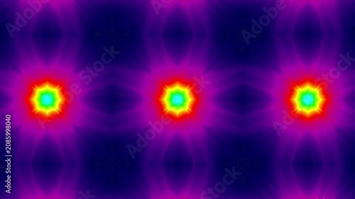 Vibrant red, yellow, and green circles pulse across a purple-pink backdrop