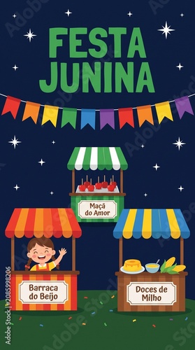Festa Junina celebration with food stalls and decorations