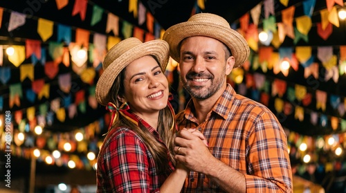 Couple celebrating Festa Junina with colorful flags and lights