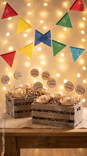 Festa Junina decorations with wooden crates and straw hats