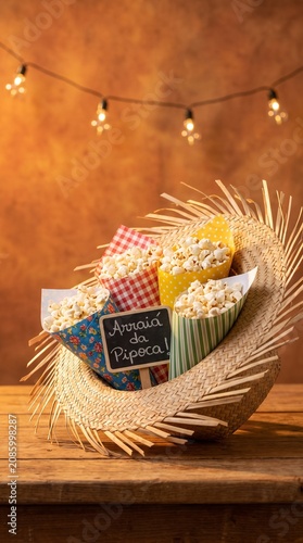Popcorn cones in a straw hat with Festa Junina decorations