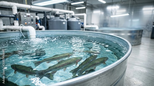 Farmed trout swimming in a large indoor tank at a modern aquaculture facility with clear, circulating water