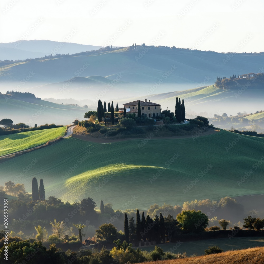 Obraz premium Tuscan villa sits atop a green hill with cypress trees. Misty hills roll in morning light. Road winds through fields towards country estate. Scenic rural landscape at dawn.