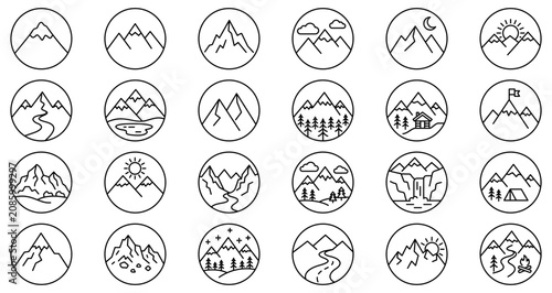Fotografía Set of mountain landscape icons in circle, symbols for nature, tourism, and travel