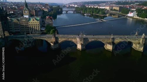 Aerial view of Charles Bridge in Prague showcasing the iconic stone arches, surrounding buildings, and the serene Vltava River under clear blue skies