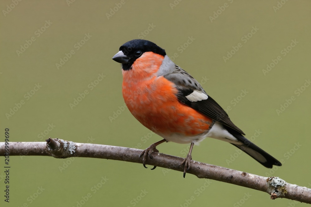 Fototapeta premium Bullfinch sits on branch against muted background. Male songbird displays vibrant orange breast, black head. Bird rests comfortably, showing detailed plumage. Wildlife photo ideal for nature