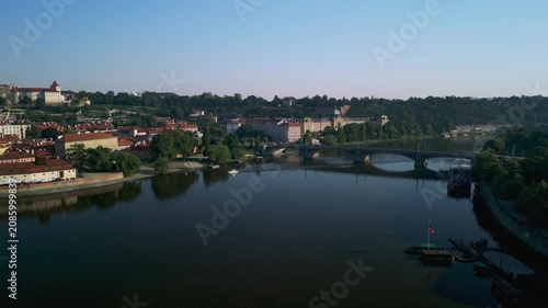 Aerial view of the Vltava River showcasing the scenic panorama of Prague, highlighting the iconic bridge and historic buildings along the riverbank