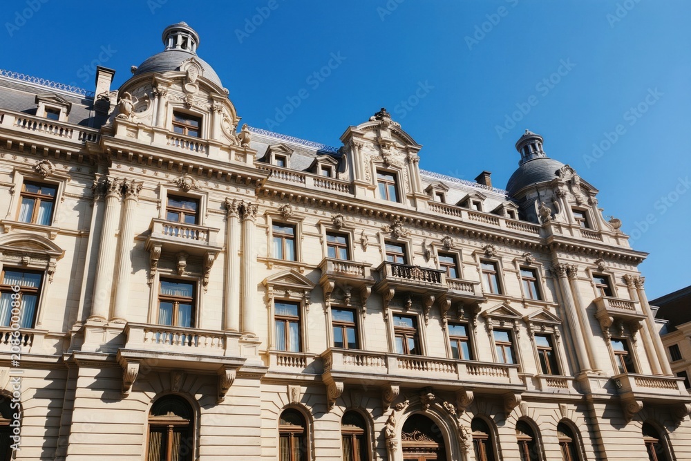 Fototapeta premium Grand Antwerp architecture presents ornate stone facades under bright sky. Classic building design features decorative details, balconies. Historic district view shows elegant urban landscape in