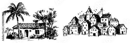 Obraz na płótnie Tropical hut with palm tree and mediterranean coastal town architecture sketch s