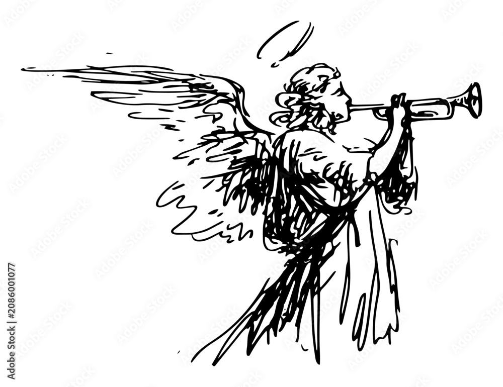 Fototapeta premium Angel blowing a trumpet with wings and halo in a loose ink sketch style