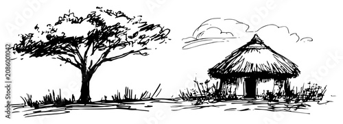 Obraz na płótnie African savanna landscape with acacia tree and traditional hut in hand drawn ske