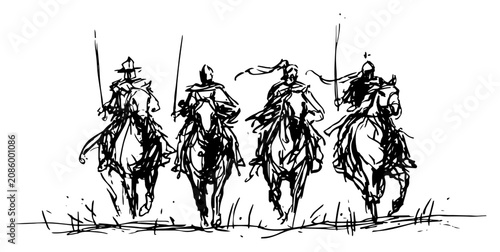 Fotografie Four horsemen of the apocalypse riding together in a dramatic sketchy style
