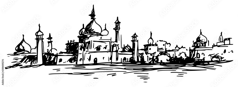 Obraz premium Mosque architecture with domes and minarets in Middle Eastern city ink sketch style