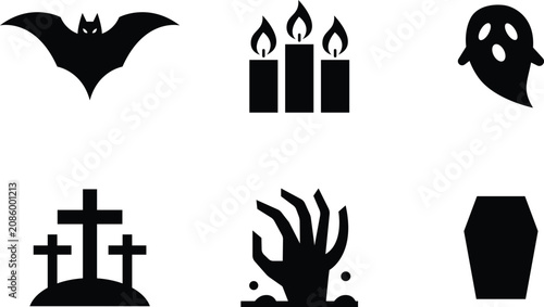 Halloween icons set including bat candles ghost tombstones hand and coffin
