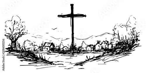 Картината върху платно Christian cross standing in a rural landscape with village houses in ink sketch