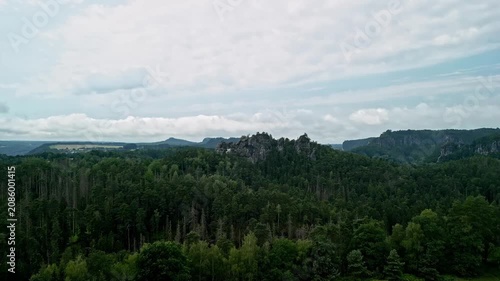 Scenic view of Bastai Cliffs showcasing lush green forests, rocky formations, and a winding river under a cloudy sky in a picturesque natural landscape