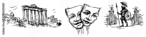 Fotografía Greek temple columns theater masks and hoplite warrior in historical sketch styl