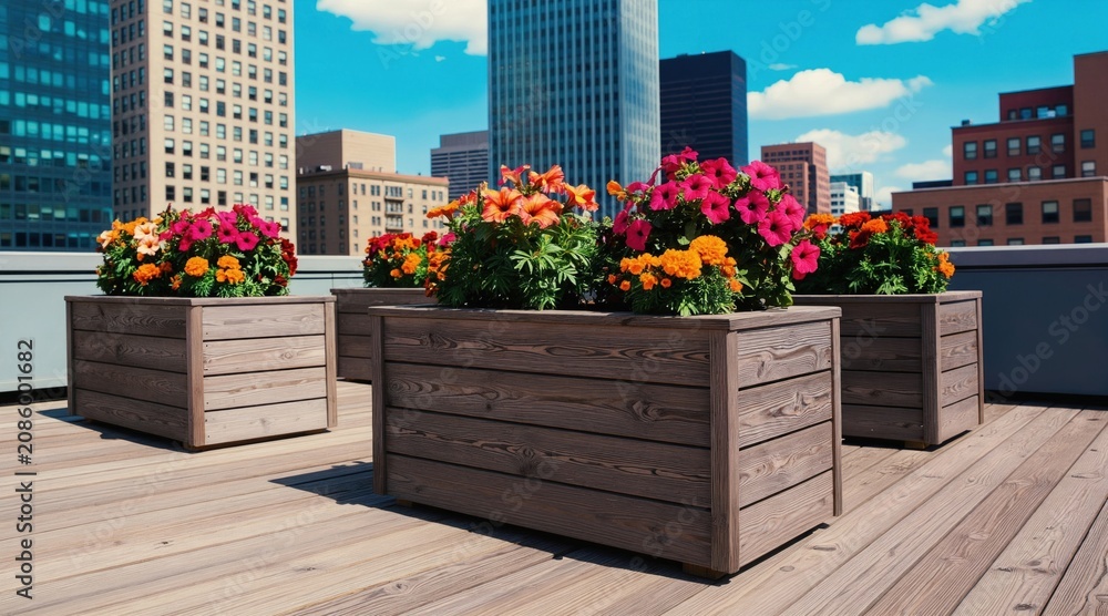 Fototapeta premium Colorful flowers in wooden planters on a city rooftop deck. Tall buildings and blue skies form a backdrop, offering a serene urban garden escape.