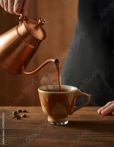 Aromatic Coffee Pour: A meticulous pour of rich, dark coffee into a handcrafted ceramic mug from a gleaming copper gooseneck kettle, steam gently rising, set against a rustic wooden backdrop.