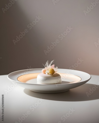 Artistic Dessert Creation: A meticulously crafted, miniature dessert rests elegantly on a fine china plate, adorned with delicate garnishes and bathed in soft, directional lighting.