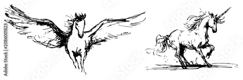 Fotografi Pegasus and unicorn mythological creatures in artistic ink sketch style
