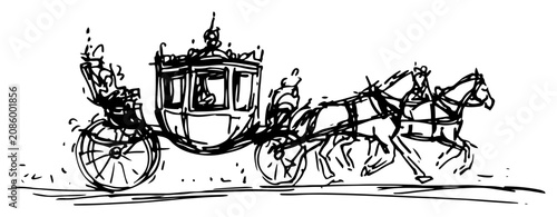 Fényképezés Ornate royal carriage pulled by team of horses hand drawn sketch style