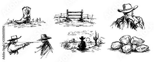 Photos Cowboy duel and western desert scenery with ranch elements hand drawn sketch sty