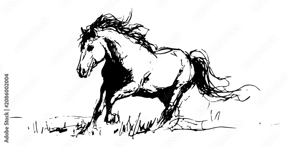 Ταπετσαρία Horse galloping across a field with dynamic movement in expressive ink sketch st