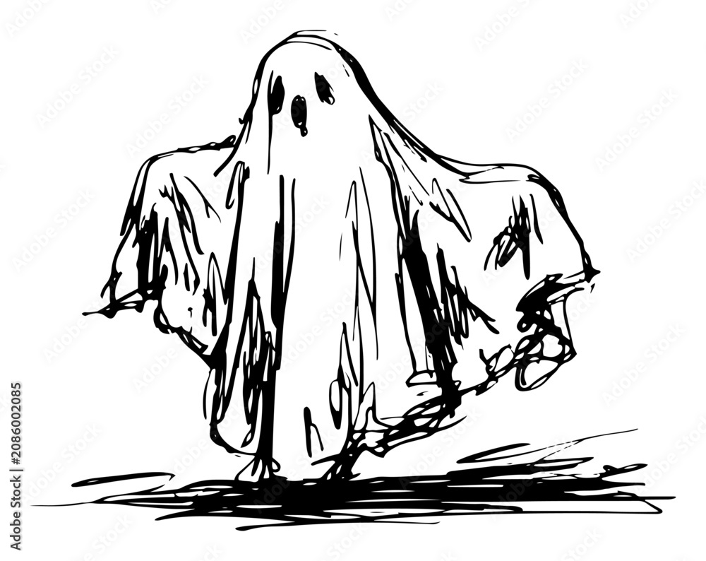 Ταπετσαρία Spooky ghost covered in a white sheet floating on the ground hand drawn sketch s