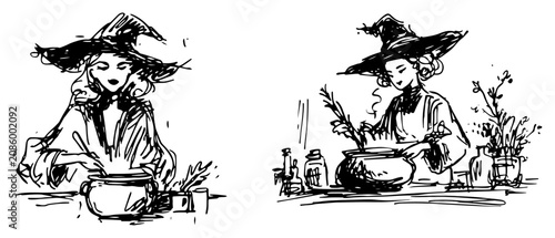 Schilderij op canvas Young witch brewing magic potion in a cauldron with herbs and bottles hand drawn
