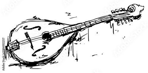 Photos Mandolin musical string instrument in artistic black and white ink sketch style