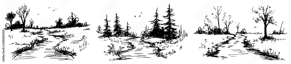 Naklejka premium Rural landscape scenes with paths through fields and trees nature ink drawing style