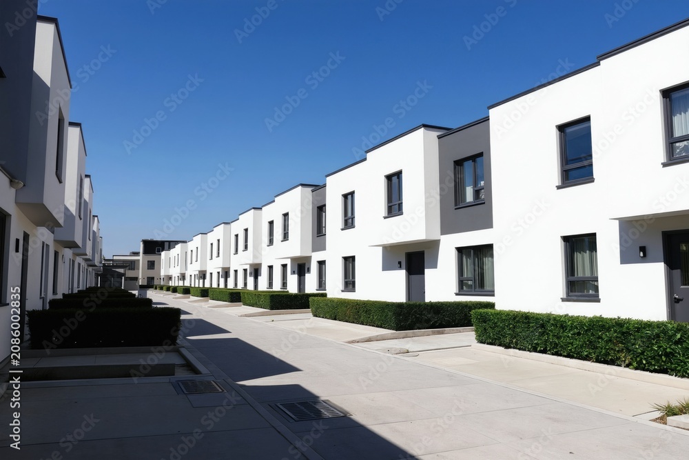 Obraz premium Modern white semi-detached houses with dark trim line clean paved street. Pristine green hedges edge minimalist facades under clear blue sky. New residential development offers contemporary urban