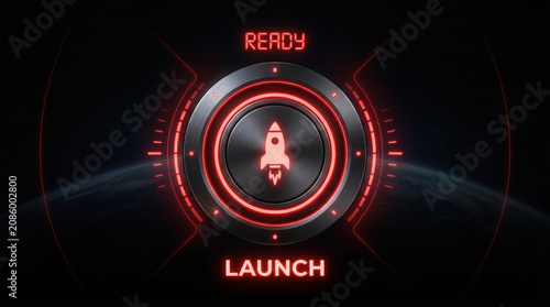Futuristic digital launch button glowing red space technology rocket earth interface sci fi circular neon energy power startup innovation progress