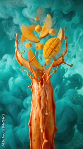 Mango slices and cubes splash dynamically in vibrant orange juice against smoky turquoise background, creating fresh and energetic tropical fruit scene