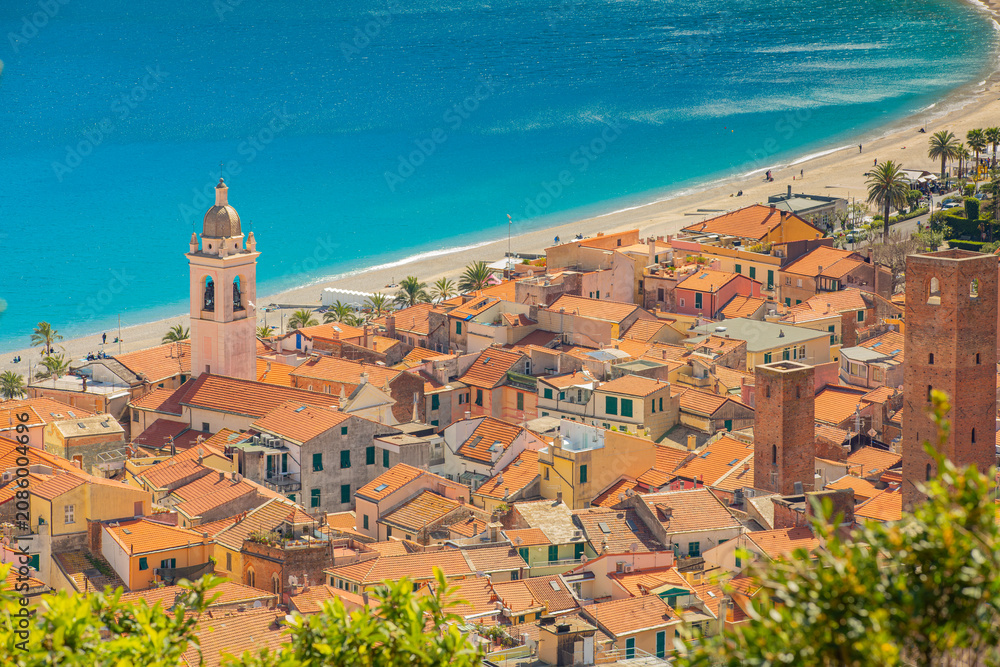 Fototapeta premium Aerial panoramic view of Noli, Liguria, province of Savona, Italy. Riviera dei Fiori. Fishermen's Beach. Maritime Republic