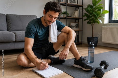 Male fitness enthusiast sitting on exercise mat in home gym, writing in notebook with dumbbell and water bottle nearby, modern living space with plants and couch