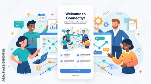 Welcome to Connectity mobile app onboarding screen with diverse people