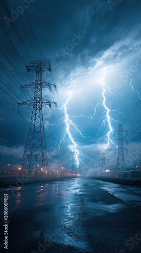 Stormy night sky with lightning, high voltage transmission towers, wet city road, thunderstorm industrial power landscape for commercial backdrop