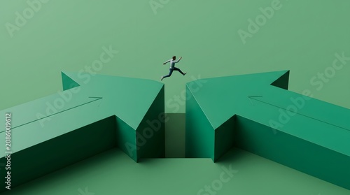 A tiny figure leaps across a chasm between two large, green, opposing arrows, symbolizing overcoming obstacles and achieving progress.