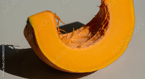 Vibrant orange pumpkin slice with stringy pulp and seeds on a gray background